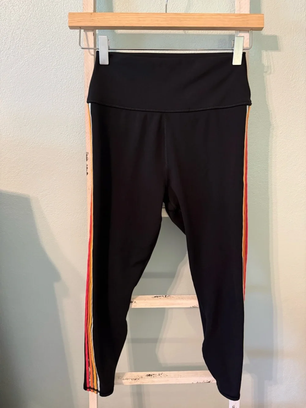 Spiritual Gangster Black Athletic Leggings Women Size M Colorful Stripes